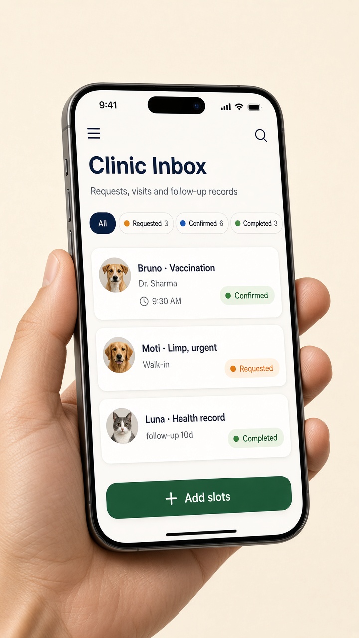 Pet Patrol HQ Clinic Inbox on iPhone: appointment requests, confirmed visits, add slots