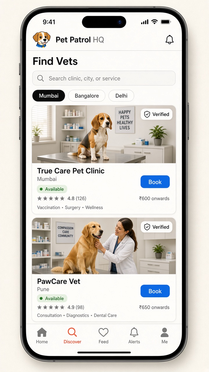 Pet Patrol HQ Find Vets on iPhone: search, city chips, verified clinic cards