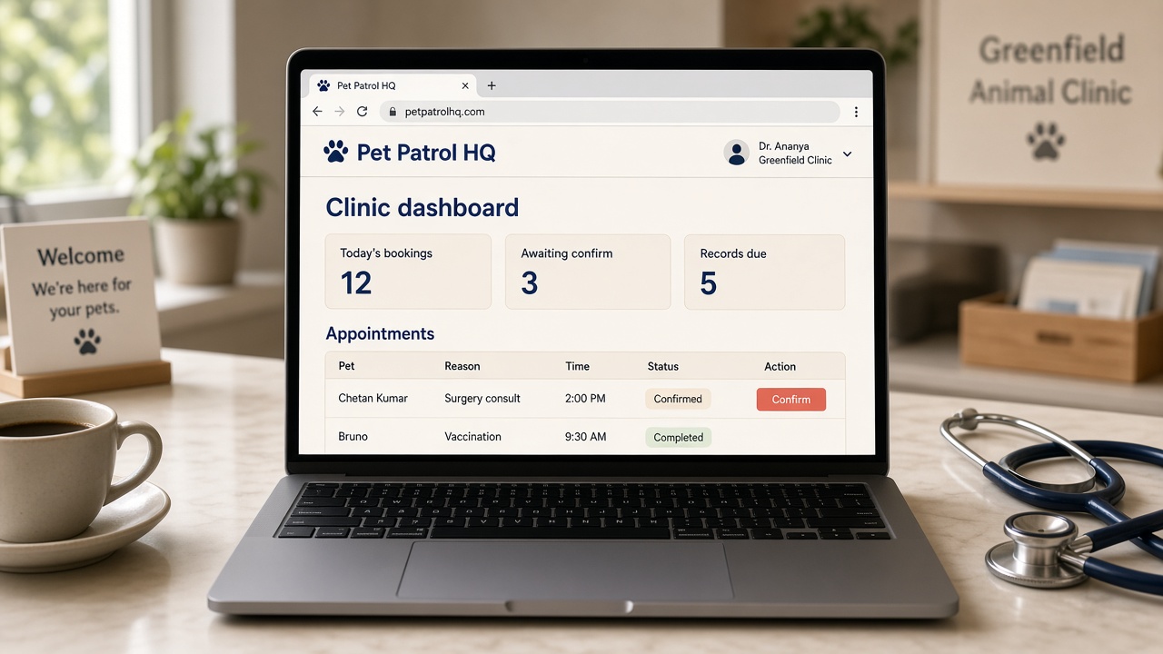 Pet Patrol HQ clinic dashboard on a laptop at the front desk