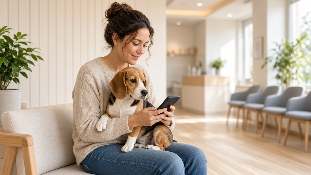 Pet parent waiting with a beagle for a clinic visit