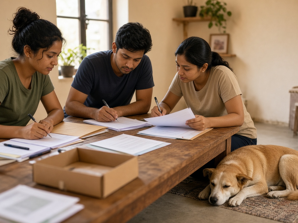Adoption conversation with a calm Indie dog