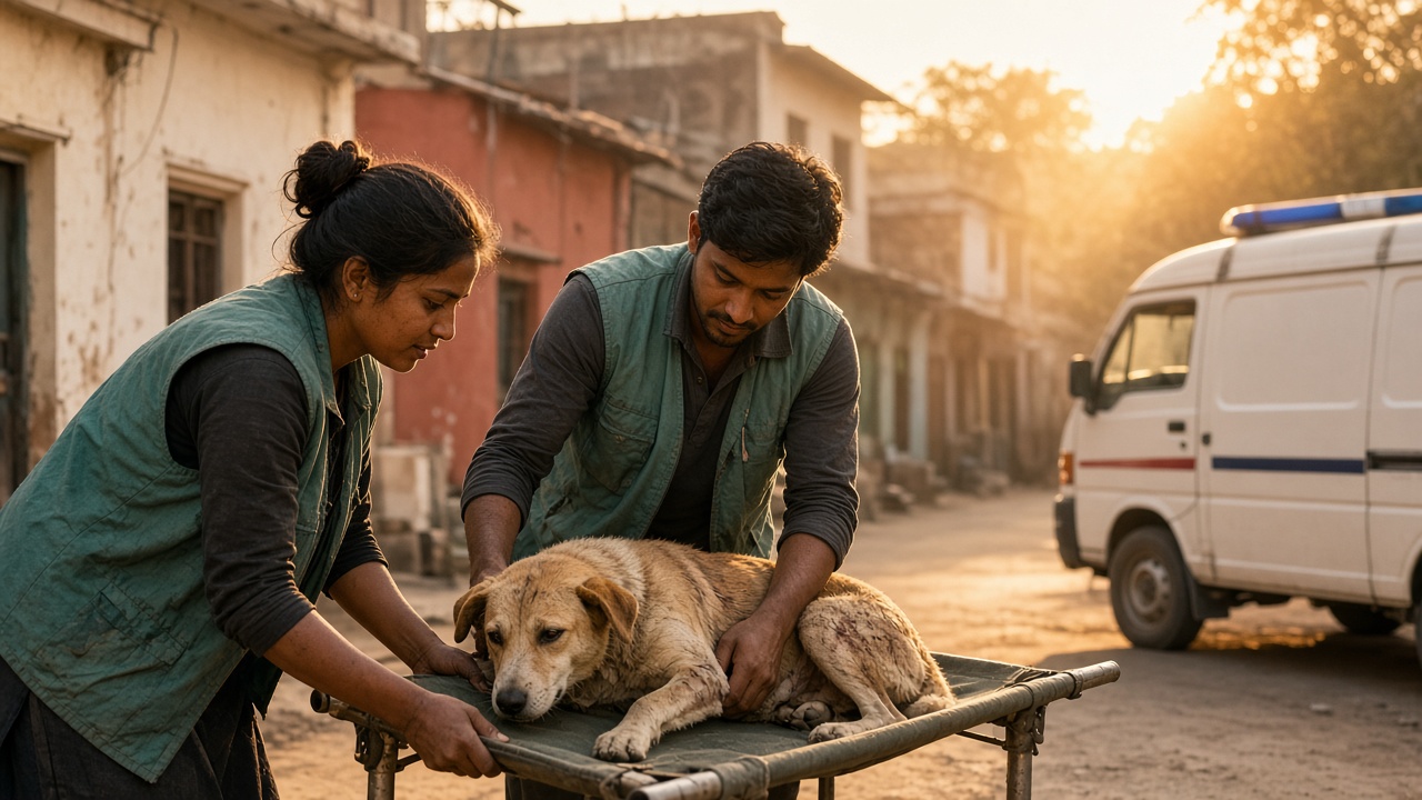 NGO volunteers moving an Indie dog toward a rescue van