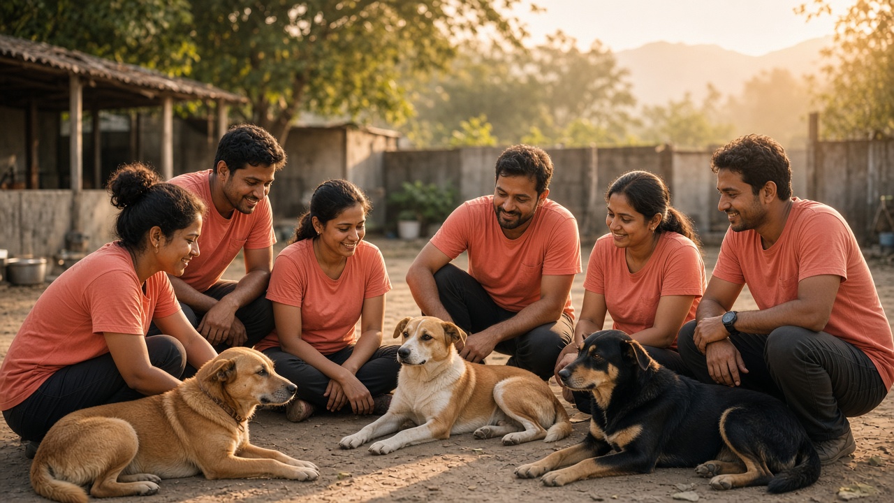 Rescue volunteers with Indie dogs in a courtyard