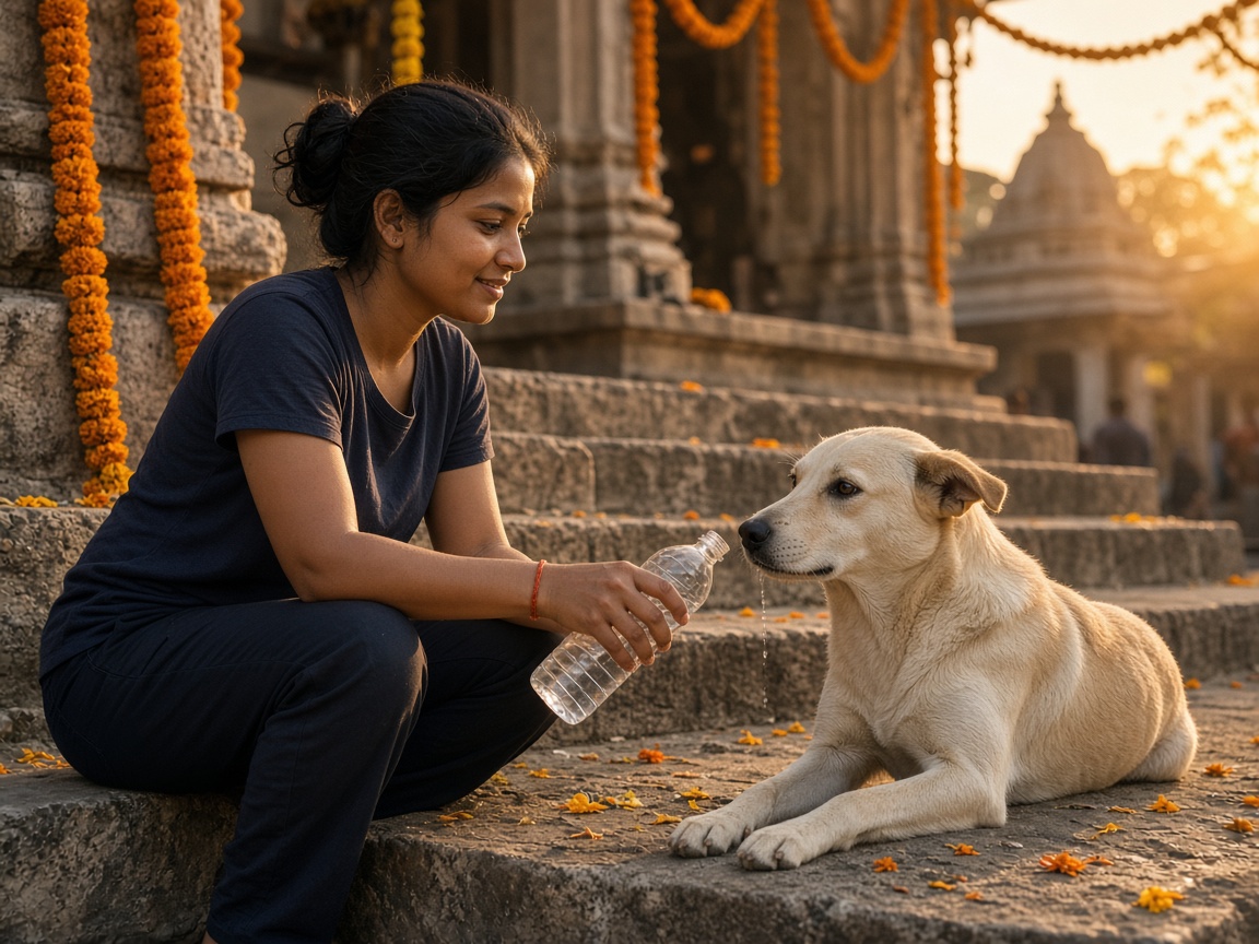 Volunteer sharing water with an Indie dog on temple steps