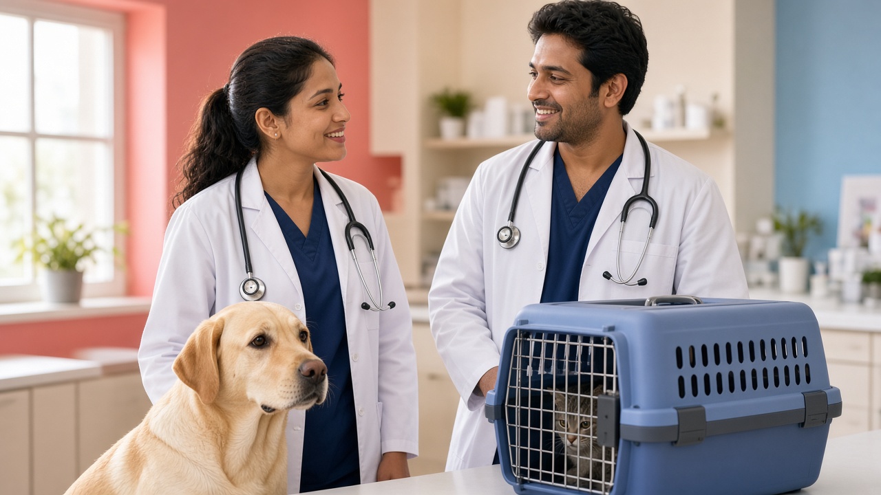 Veterinary team with a dog in a modern clinic
