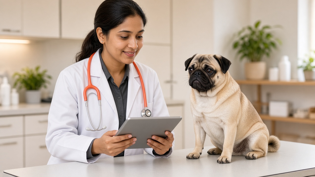 Veterinarian reviewing a case with a pug