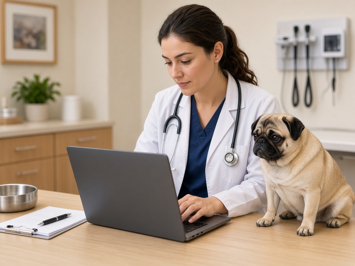 Veterinarian reviewing digital records with a pug