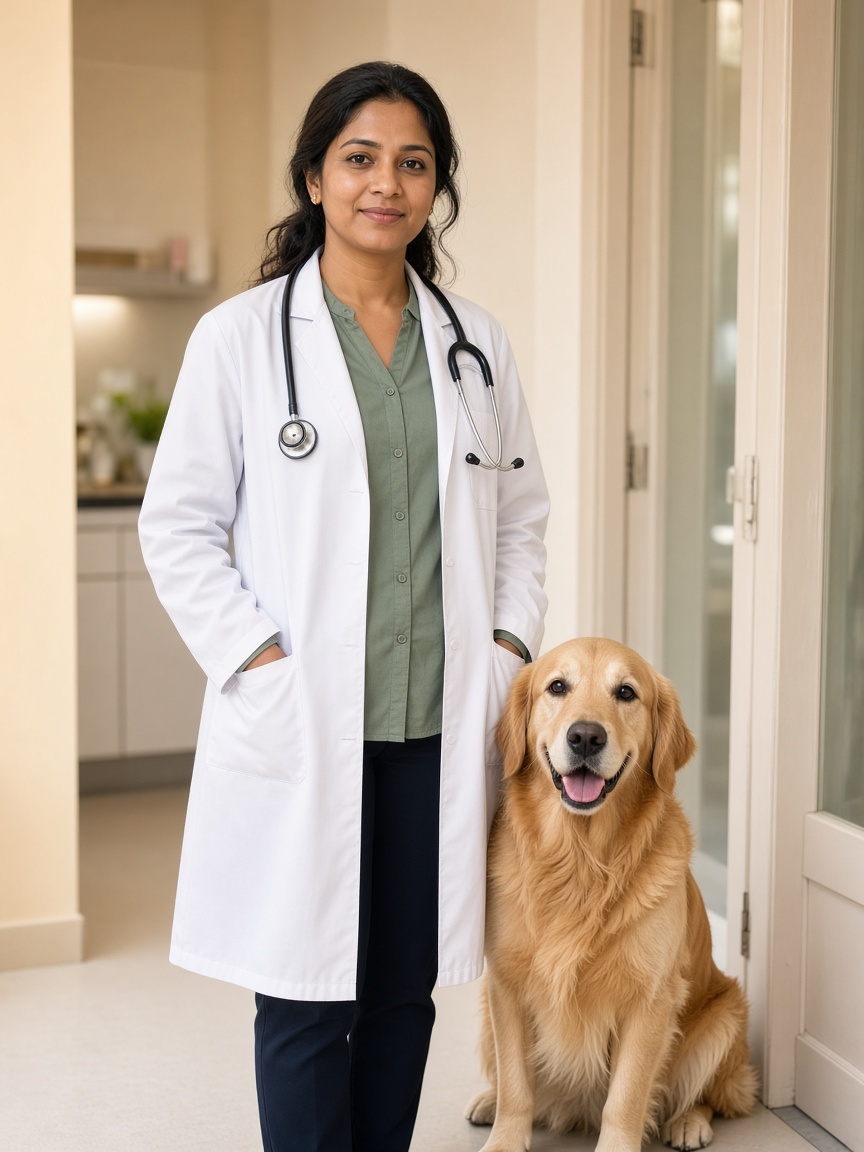 Veterinarian with a golden retriever